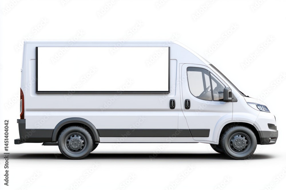 A sleek white EV delivery van with modular digital display panels for branding and advertising transparent background A sleek white EV delivery van with modular digital display panels for branding and advertising transparent background