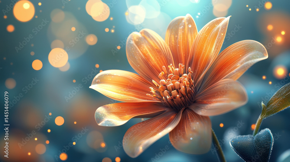 Fototapeta premium Artistic 3D render of a realistic orange flower blooming against a softly blurred teal background in 4K resolution, captured from a graceful side angle perspective.