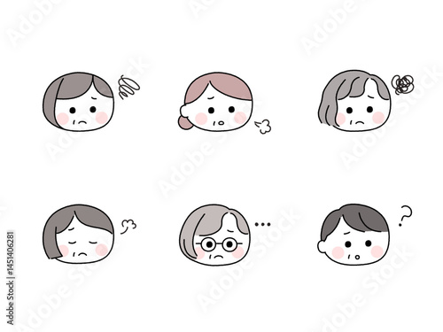 ゆるかわいい手描き風の顔セット／悩む高齢女性