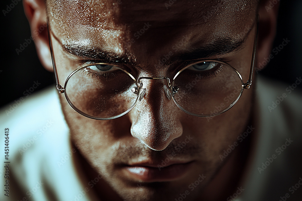 Close-up of a man wearing glasses on a white background, a man wearing glasses looks up Close-up of a man wearing glasses on a white background, a man wearing glasses looks up