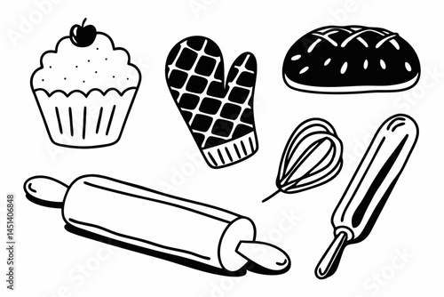 Hand Drawn Baking Illustration Featuring Cupcake Oven Mitt Rolling Pin Whisk Bread