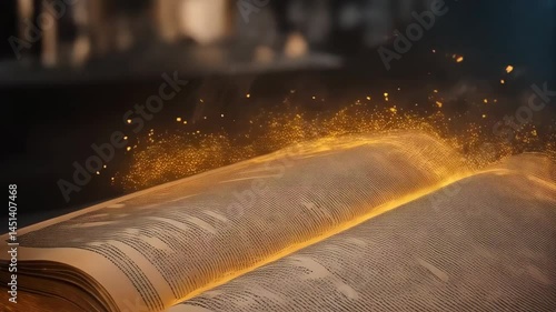 Open antique book emanating glowing golden magical light and sparks, creating a whimsical, ethereal atmosphere with dark background in a low-angle shot.