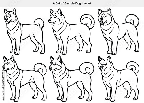 Elegant Akita dog line art bundle featuring six different poses of noble and dignified Japanese Akita dogs, ideal for pet coloring pages, vector tattoos, sticker designs, or dog breed clipart