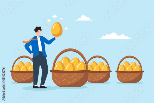 Flat illustration of businessman holding golden egg and filling baskets representing wealth strategy diversification and financial security