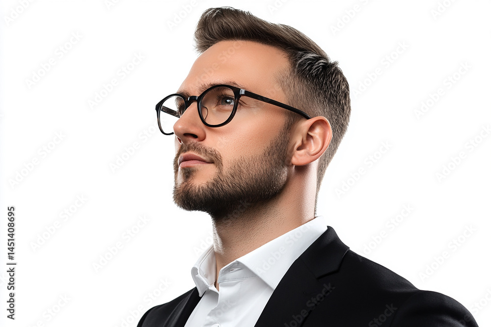 Close-up of a man wearing glasses on a white background, a man wearing glasses looks up Close-up of a man wearing glasses on a white background, a man wearing glasses looks up