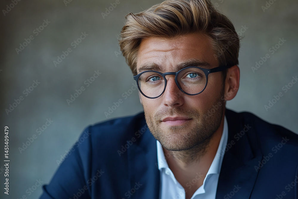 Close-up of a man wearing glasses on a white background, a man wearing glasses looks up Close-up of a man wearing glasses on a white background, a man wearing glasses looks up