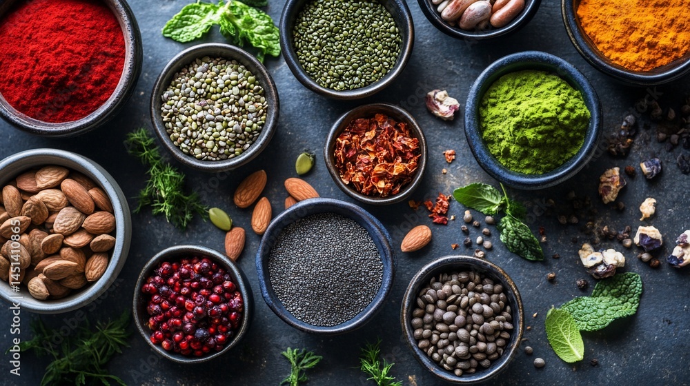 Vibrant array of spices, herbs, nuts, and seeds displayed in rustic bowls Vibrant array of spices, herbs, nuts, and seeds displayed in rustic bowls