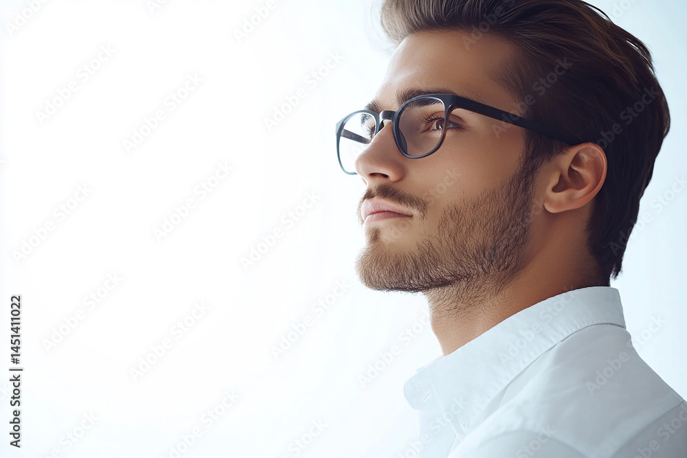 Close-up of a man wearing glasses on a white background, a man wearing glasses looks up Close-up of a man wearing glasses on a white background, a man wearing glasses looks up