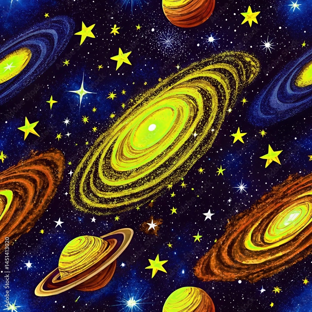 Fototapeta premium Seamless Dark night sky with bright stars and a blue planet in deep space, a cosmic illustration