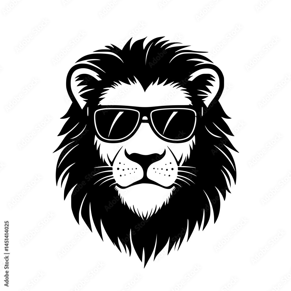 Fototapeta premium Cool Lion Head Wearing Sunglasses Illustration, Stylized lion head in black and white, featuring sunglasses for a modern, confident, and trendy visual perfect for logos or apparel.