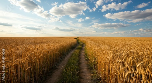 Golden wheat field with path under sky