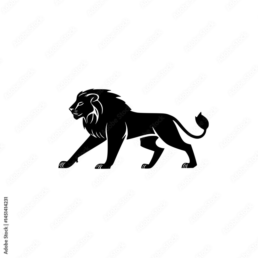 Obraz premium Majestic Lion Silhouette Walking in Profile, Bold black silhouette of a powerful lion walking with pride and grace, ideal for logos, branding, or strength-themed designs.