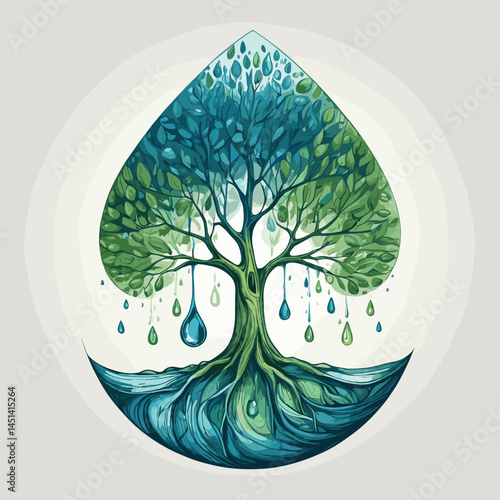 Stylized tree illustration within a water droplet shape, symbolizing life and nature