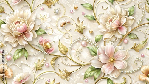 Floral wallpaper background with flowers leaves and pearls vector design for wall decor and decoration