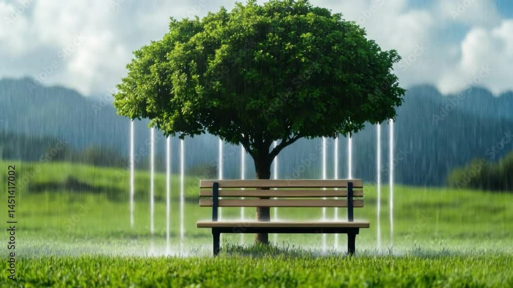 Minimalist city park with one bench under a lone tree, soft shadows on grass Minimalist city park with one bench under a lone tree, soft shadows on grass