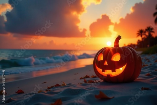 Florida beach Halloween pumpkin, autumn sunset glow, autumnal, october, sun