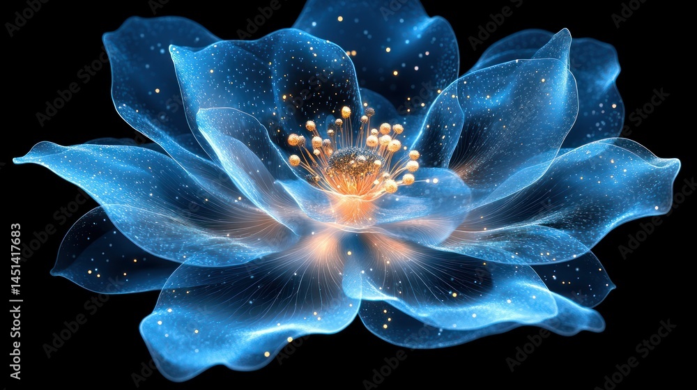 Obraz premium Ethereal Bloom,A Translucent Blue Flower Radiating Luminescent Elegance Against Black