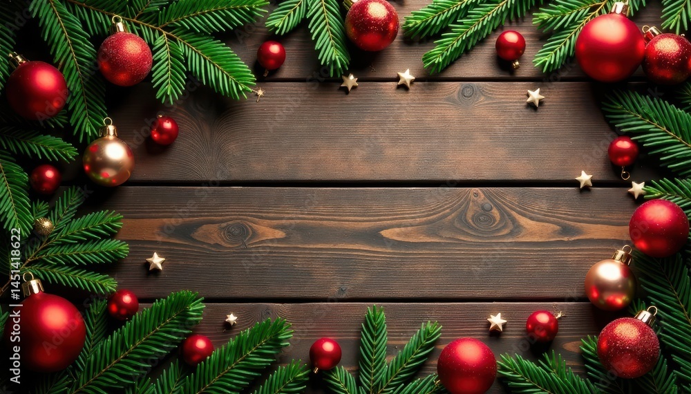 Overhead shot of rustic wood table, decorated with festive ornaments , mockup, celebration Overhead shot of rustic wood table, decorated with festive ornaments , mockup, celebration