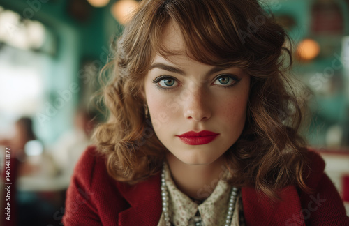 A stunning portrait of a woman with soft, voluminous brown hair and a subtle, natural makeup look. The image exudes a sense of elegance and sophistication, with the subject offering a calm and confide