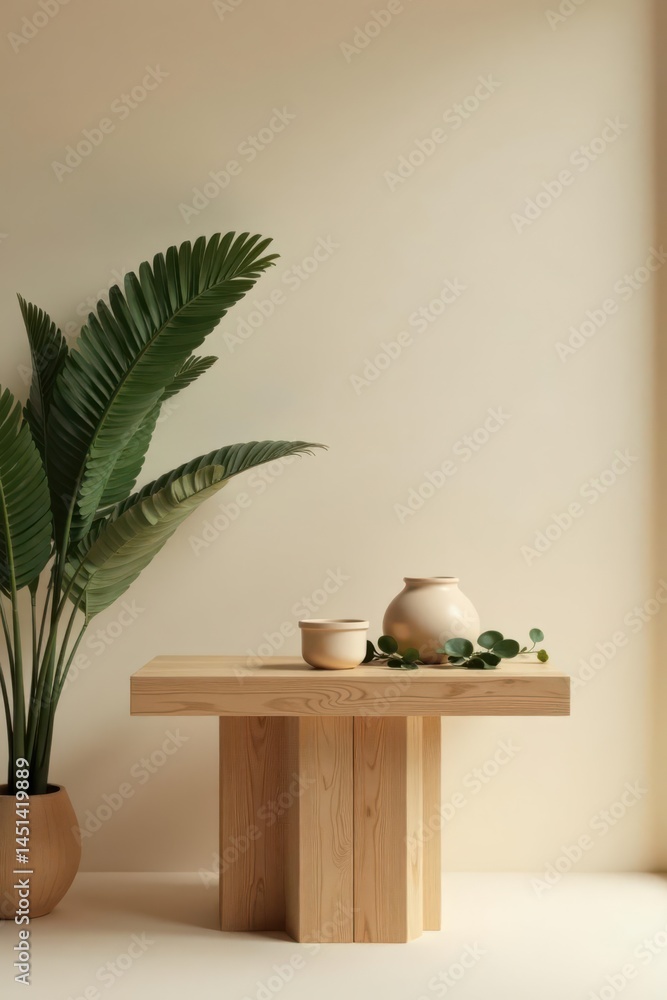 Fototapeta premium Serene Minimalist Interior Design with Wooden Table, Neutral Color Palette, and Lush Greenery