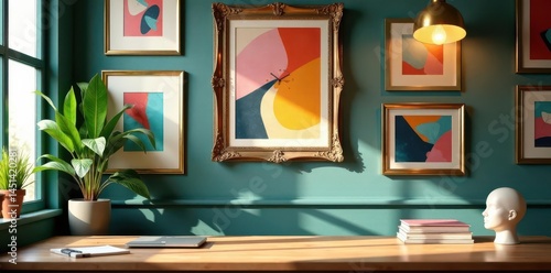 Wallpaper Mural Stylish eclectic room, abstract walls, gold frame, head sculpture, plant, office supplies , decor, furniture, home office Torontodigital.ca