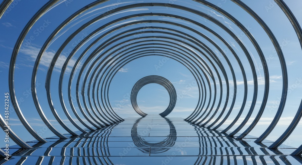 Fototapeta premium Circular Metal Structure Against Blue Sky Reflection