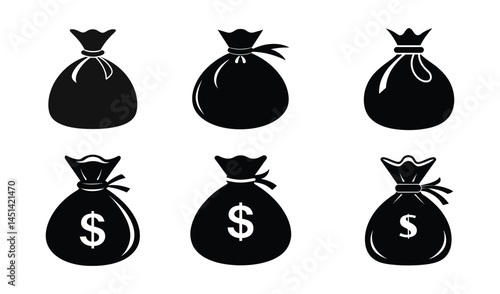 Sack of money or bag of dollar icon silhouette, Money bag with dollar sign set