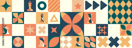 Decorative Chess and Shape Motif Composition with warm orange tones