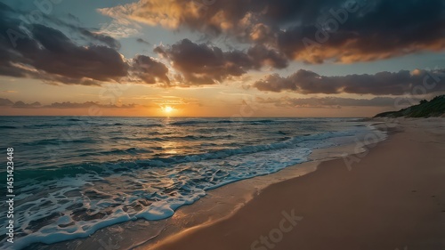 A serene beach at sunset with golden light reflecting on the water and sandy shoreline viewable