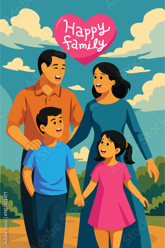 Happy authentic family illustration in vector style. Parents smiling warmly lovingly at their children. Tender moments, soft colors, cheerful atmosphere, caring relationship, affectionate connection