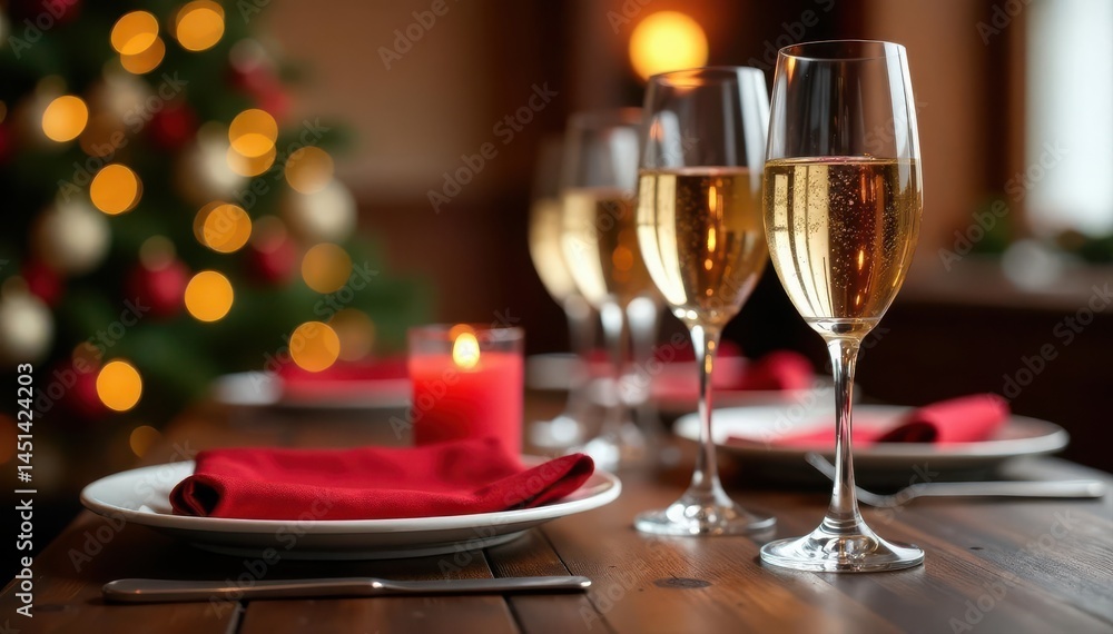 Elegant wine & champagne flutes on Christmas table setting, glasses, xmas, interior Elegant wine & champagne flutes on Christmas table setting, glasses, xmas, interior