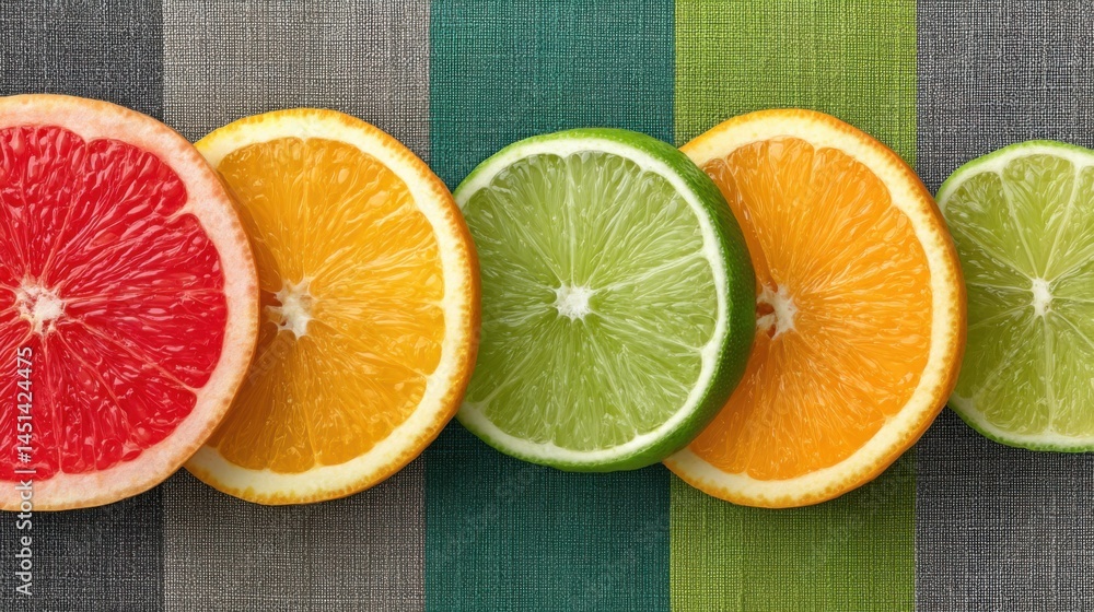Colorful citrus fruit slices arranged on a textured background for healthy eating Colorful citrus fruit slices arranged on a textured background for healthy eating