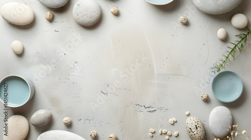 Gray and light blue spa stones and bowls on a textured surface.