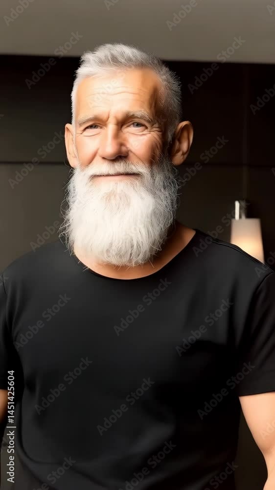 Close-up portrait of an elderly man with silver hair, a long white beard, wearing a black t-shirt, eyes closed, a serene, peaceful, introspective expression. Close-up portrait of an elderly man with silver hair, a long white beard, wearing a black t-shirt, eyes closed, a serene, peaceful, introspective expression.