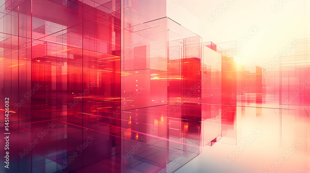 Obraz premium Abstract cityscape, glass structures, illuminated interiors.