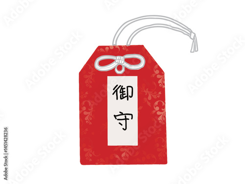 Illustration of amulets in a red bag at a shrine