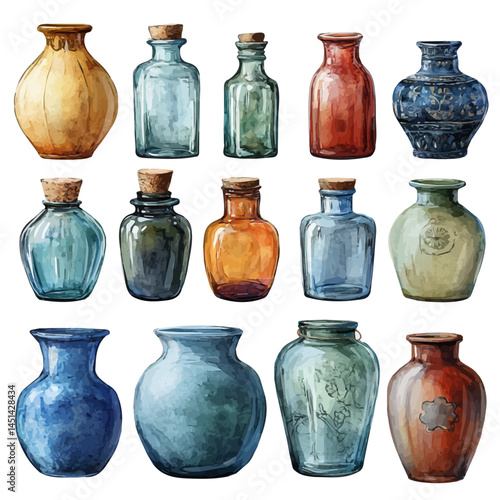 Collection Of Antique Glass Bottles, watercolor vector, isolated on a white background.