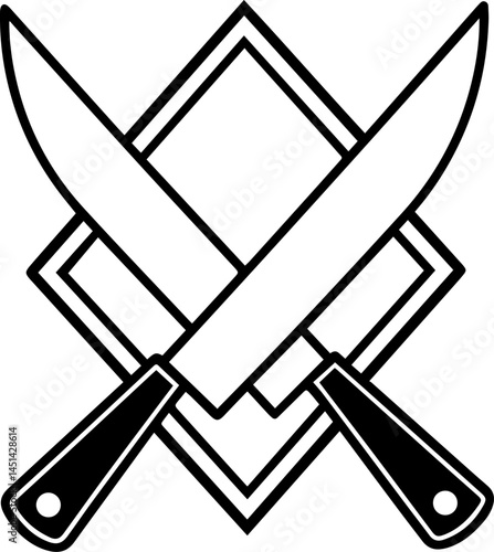 Crossed kitchen knife outline vector illustration, line art