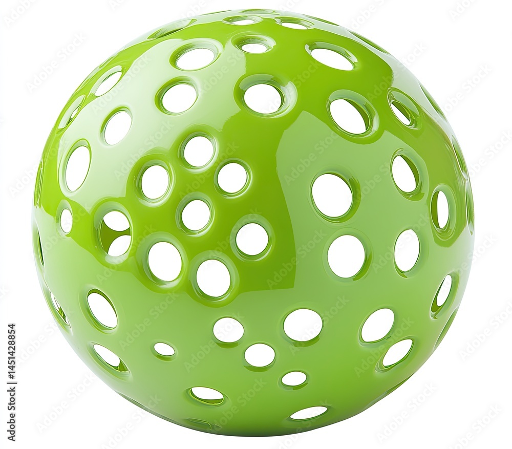 A lime green sphere with numerous circular cutouts, creating a textured, hollow design. The smooth, glossy surface is highlighted against a plain white background A lime green sphere with numerous circular cutouts, creating a textured, hollow design. The smooth, glossy surface is highlighted against a plain white background