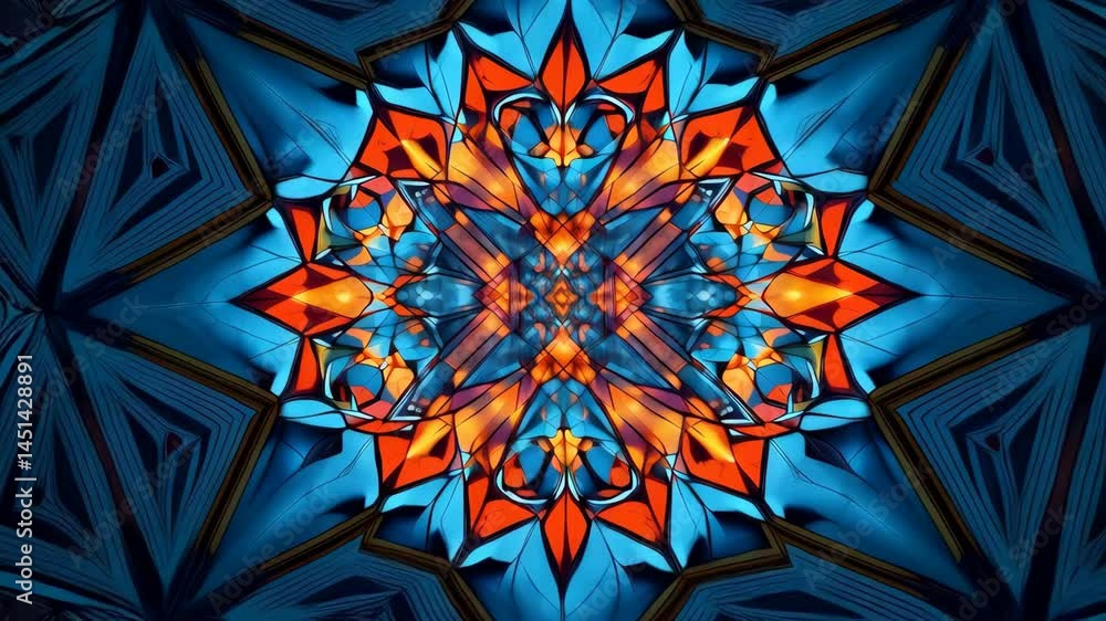 Abstract geometric pattern featuring blue and orange translucent glass shapes with symmetric, kaleidoscopic arrangement and modern aesthetic.
