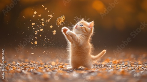 Ginger kitten's enchanting dance with a butterfly in an autumn garden