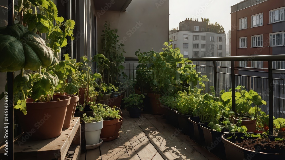 Fototapeta premium A view of a balcony garden with various plants in pots and planters against a cityscape backdrop