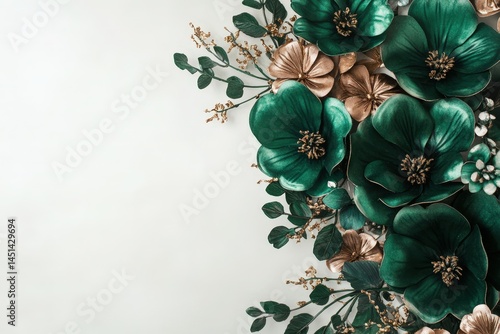 Decorative arrangement of emerald green and copper flowers.