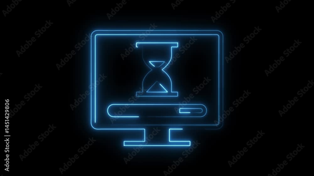 Neon computer screen with loading bar and hourglass animation glows blue against black background depicting processing time Neon computer screen with loading bar and hourglass animation glows blue against black background depicting processing time