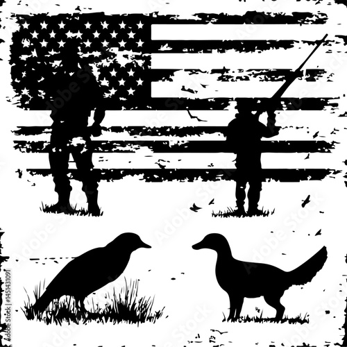 American Hunting Silhouette Set – Hunters, Birds, Dogs & USA Flag in Vintage Style