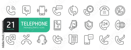 Set Of Phone Line Icons. The set includes a Telephone, Mobile Phone, Contact, Wifi, Communicate, Phone User, Touchscreen, Global Communication.