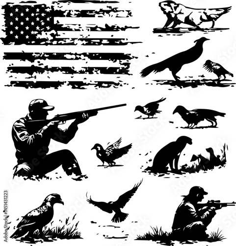 American Hunting Silhouette Set – Hunters, Birds, Dogs & USA Flag in Vintage Style