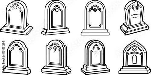 Set of headstone outline vector illustration, line art