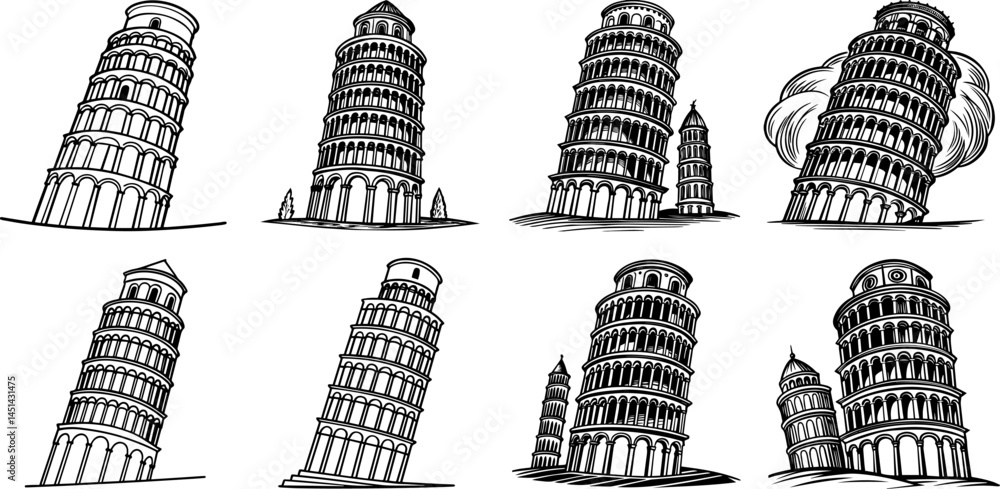 Εκτύπωση καμβά Set of leaning tower silhouette vector illustration