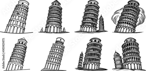 Set of leaning tower silhouette vector illustration